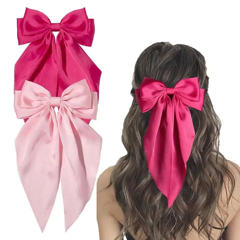 Elegant Bow Ribbon Hair Clip para Mulheres, Solid Satin Hairpin, Ponytail presilhas, acessórios de moda para meninas, 1 pc, 2pcs