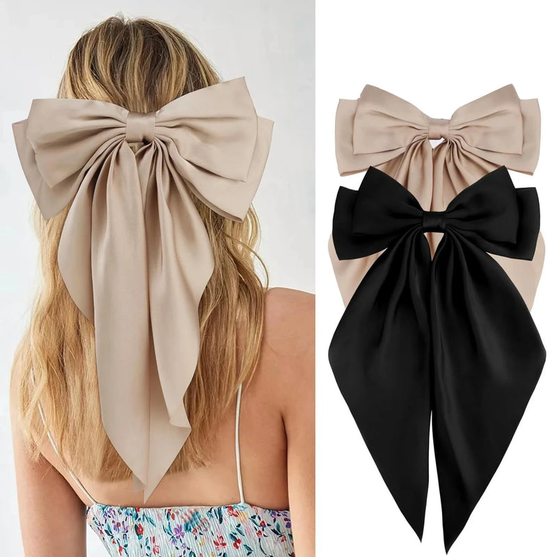 Elegant Bow Ribbon Hair Clip para Mulheres, Solid Satin Hairpin, Ponytail presilhas, acessórios de moda para meninas, 1 pc, 2pcs