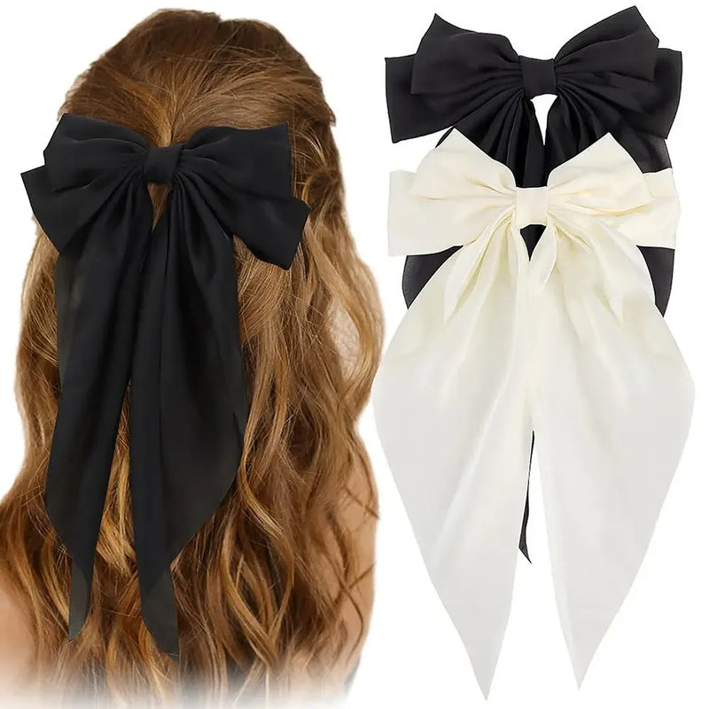 Elegant Bow Ribbon Hair Clip para Mulheres, Solid Satin Hairpin, Ponytail presilhas, acessórios de moda para meninas, 1 pc, 2pcs