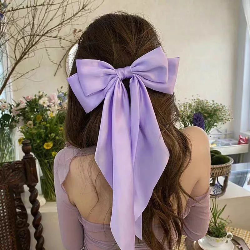 Elegant Bow Ribbon Hair Clip para Mulheres, Solid Satin Hairpin, Ponytail presilhas, acessórios de moda para meninas, 1 pc, 2pcs