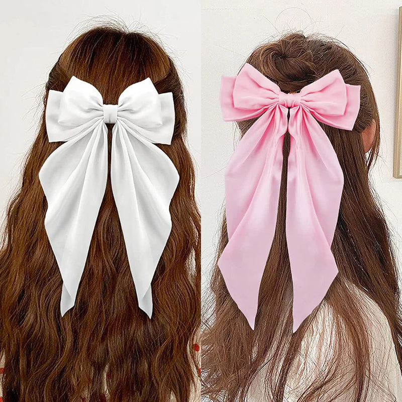 Elegant Bow Ribbon Hair Clip para Mulheres, Solid Satin Hairpin, Ponytail presilhas, acessórios de moda para meninas, 1 pc, 2pcs