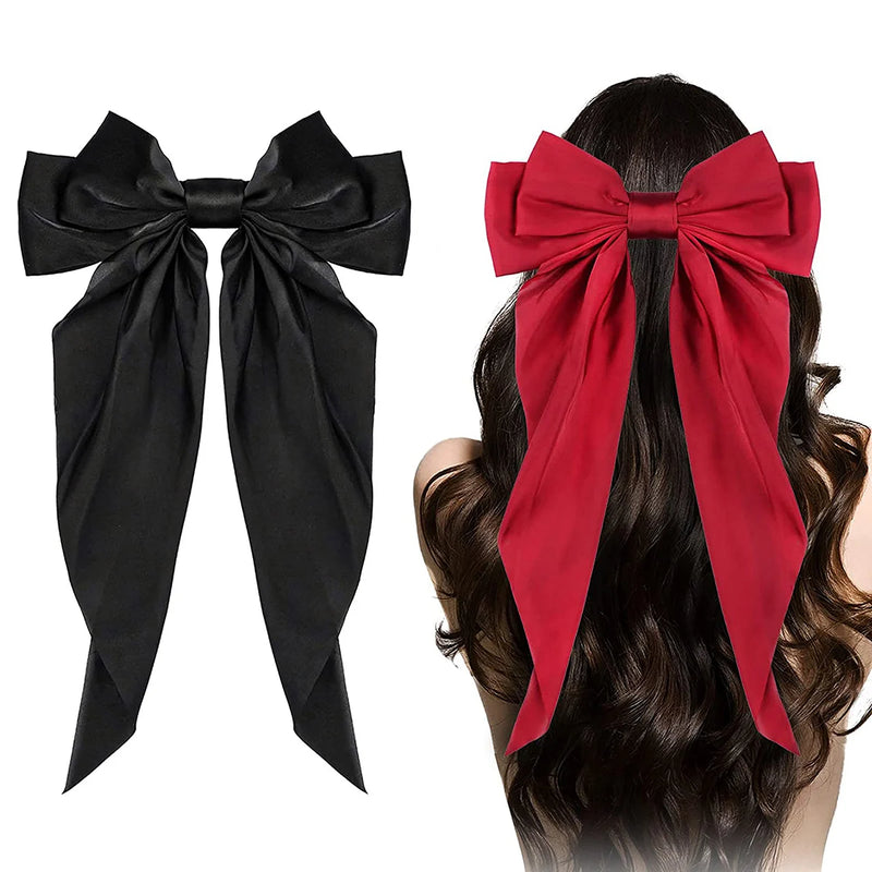 Elegant Bow Ribbon Hair Clip para Mulheres, Solid Satin Hairpin, Ponytail presilhas, acessórios de moda para meninas, 1 pc, 2pcs